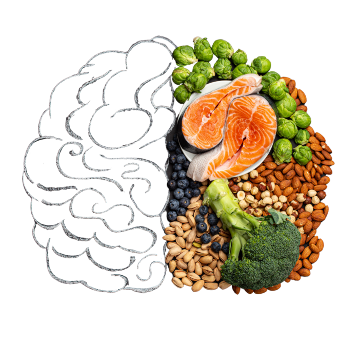 Illustrated depiction of a brain half of which is made up of nutrient rich food