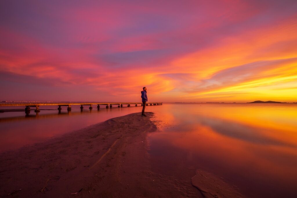 sea, ocean, lake, silohuette, morning, sunrise, sunset, man, colorful, mar menor, cartagena, murcia, spain, nature, coast, sand, beautiful, landscape, scenic